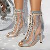 Peep Toe Grainy Sequined Sandals Drag Queen Summer Ankle Boots High Heels Jaz Latin Dance Shoes Patchwork Mesh Bandage Stiletto