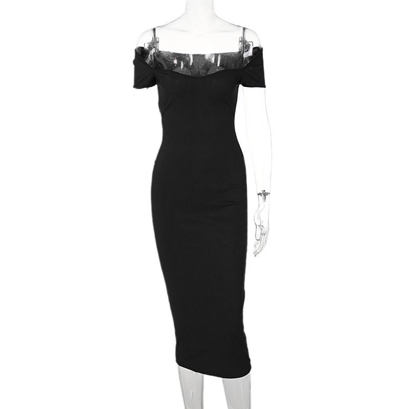 Style European and American Foreign Trade Women Clothes Low Cut Square Collar Short Sleeve Waist Hugging Sheath Slim Fit Sexy Temperament Thread Dress