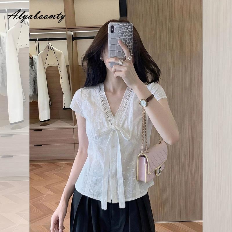 French Style Summer Women Sweet Blouse V Neck Hollow Out Lace Up Elegant Shirt Delicate Feminine Short Sleeve Blouse