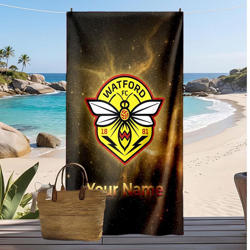 Watford FC Personalized Printed Beach Towel Soccer Logo Support Custom Name Text Absorbent Towel For Sport Travel Special Gift