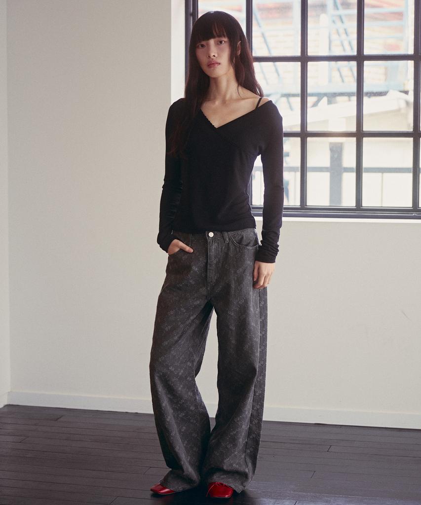 OUEL Floral Embroidery Wide Pants_Charcoal