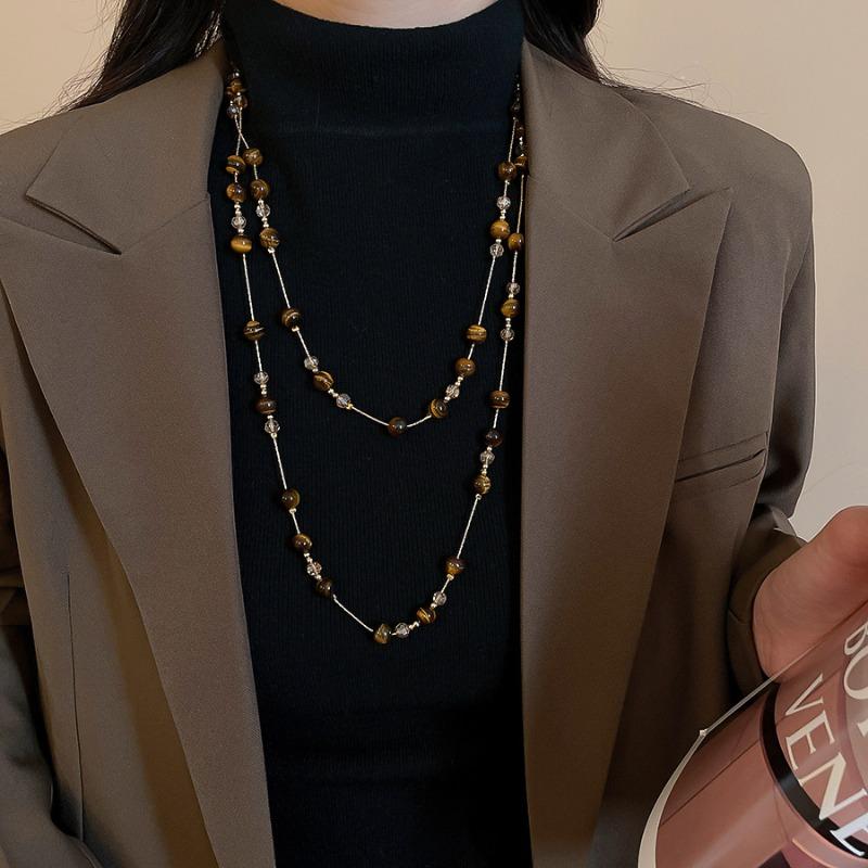 Stylish Natural Stone Tiger Eyes Glass Beads Strand Necklace for Women Gold Copper Long Double Layers Sweater Chain