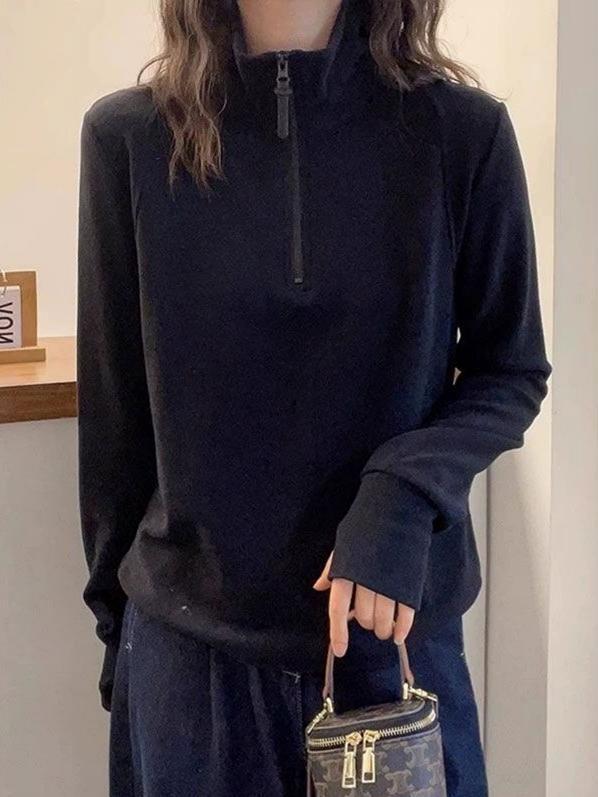 European Style Women's Stand Collar Fleece Pullover: Slimming, Versatile, Long Sleeve for Spring, Autumn, and Winter.