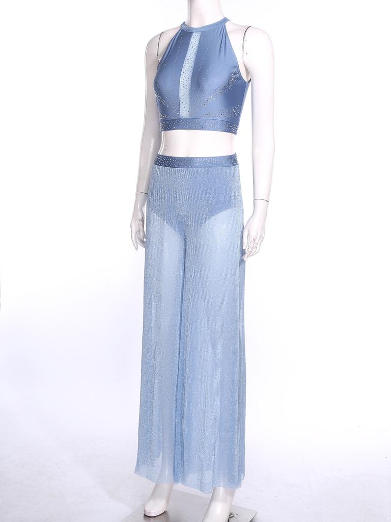 Womens Lyrical Dance Performance Outfit Sequin Hollow-out Tank Crop Top+Built-in Briefs Mesh Pants Modern Contemporary Dancewear