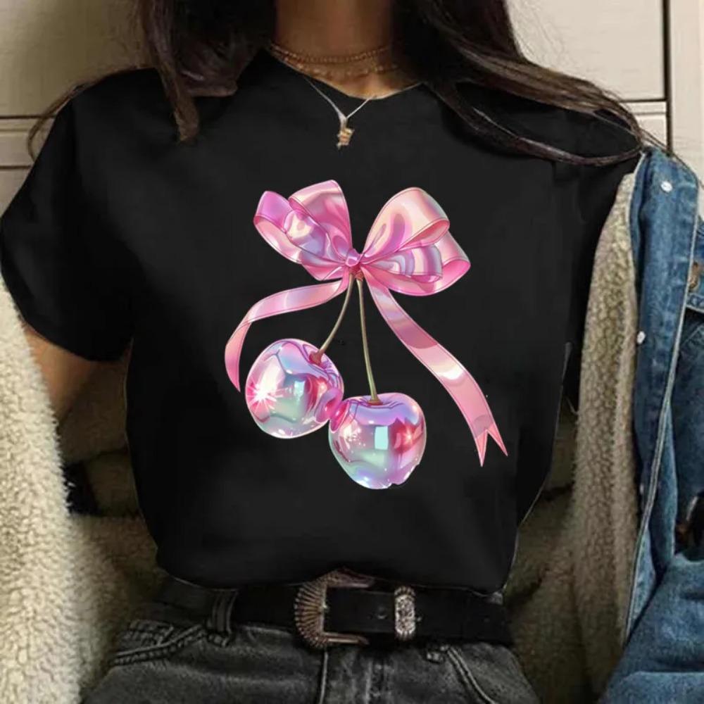 

Women s Cherry Print T-Shirt Crew Neck Sleeve Casual Fabric Fruit Vegetable Summer Short Sleeved Harajuku Streetwear Tops Tees M