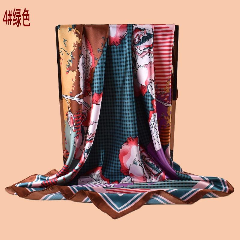 New Women's 91CM Satin Plaid Flower Printing Square Scarf with Sunscreen Bag Head Silk Scarf Wholesale
