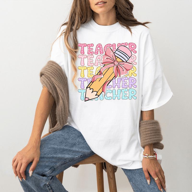 Teacher unisex T-shirts, Comfort Color Teacher unisex T-shirts, Pencil Coquette Bow unisex T-shirts S фото