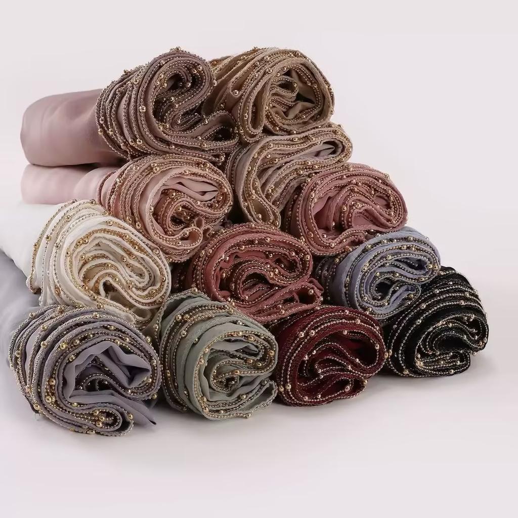 Rinestone Chiffon Hijab Scarf With Chains Women Muslim Hijab Luxury Bead Pearl Scarves Shawl Women Long Scarf Shawl Head Wraps
