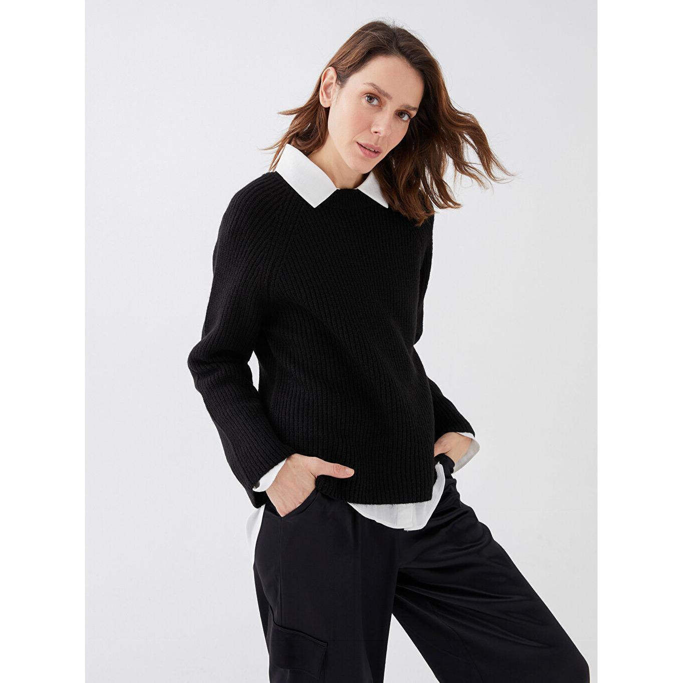 

Женский трикотажный свитер с круглым вырезом и длинным рукавом, черный