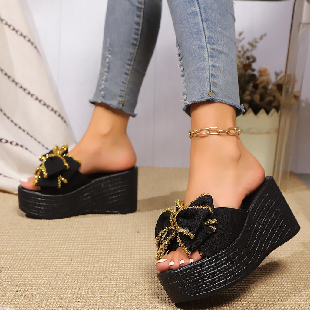 Thick-bottomed round head one-word fashion 2025 new summer color bow large size women's wedge slippers