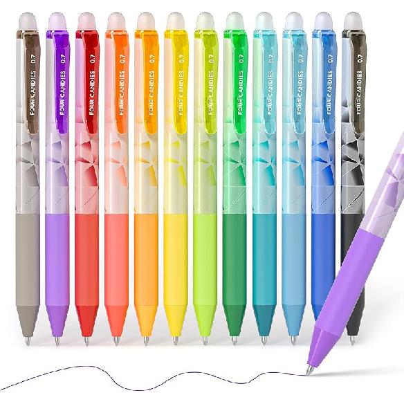 Four Candies 0.7mm Erasable Gel Pens, Make Mistakes Disappear Colored Pens, 12 Colors Retractable Fine Point Erasable Pens for Writing, Drawing, 12