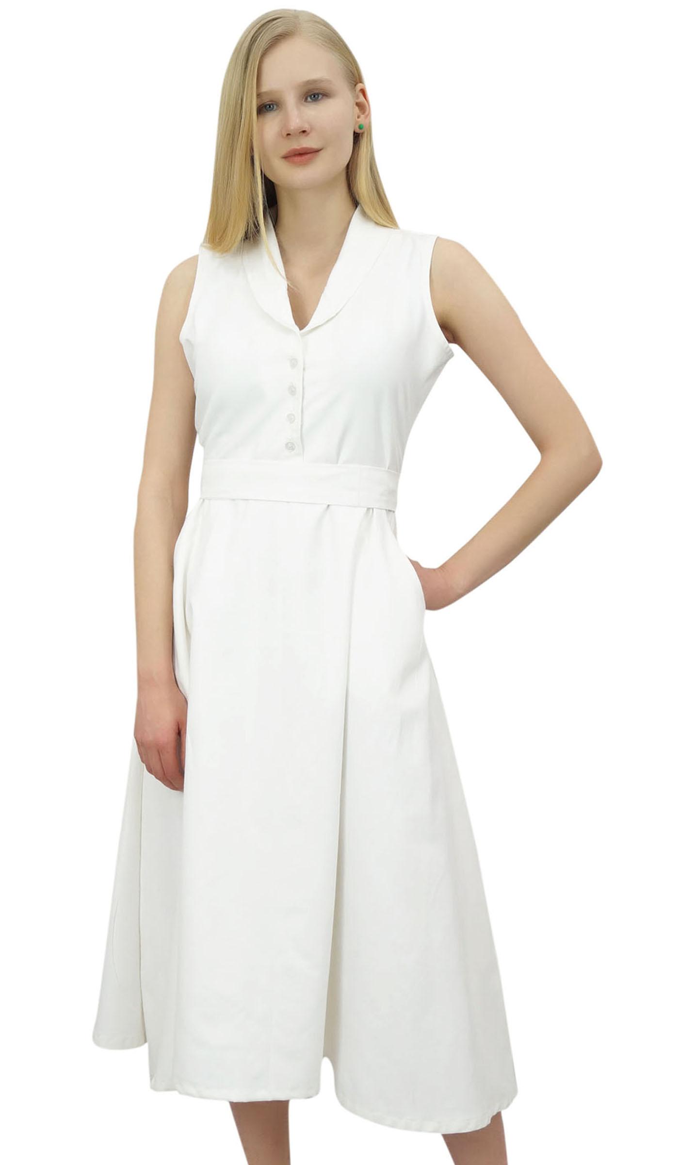 

Phagun Women s Casual Solid Blue Sleeveless Cotton Simple Tunic Midi 8 білий