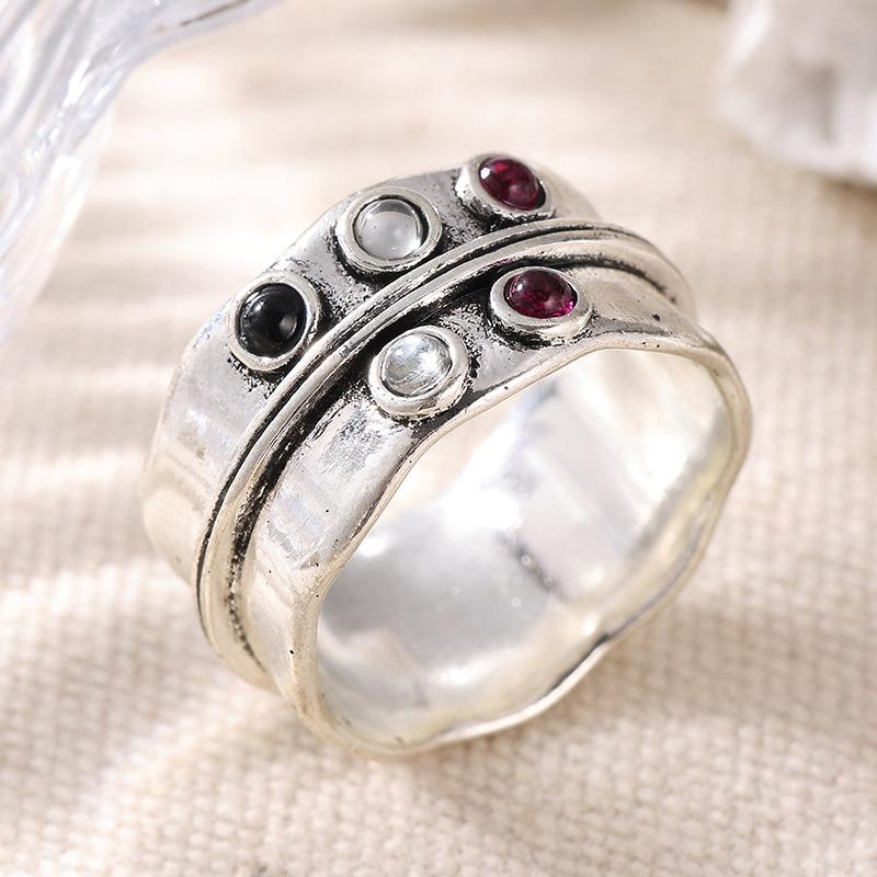 Vintage Inlaid Multicolored Stone Surround Women's Ring CopperColor Hand Carving Daily Wear Party Jewelry Anniversary Gift