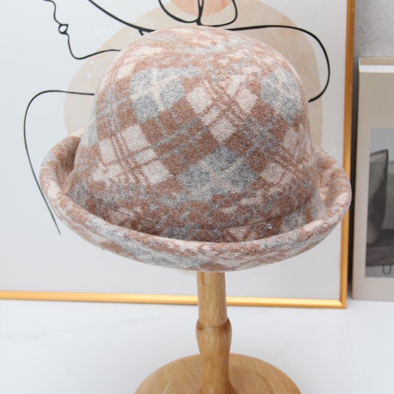 Wool Plaid Hat Women's Curled Edge Autumn and Winter Women's Bucket Hat Top Hat Short Brim Modified Face Temperament Thickened Thermal Hat