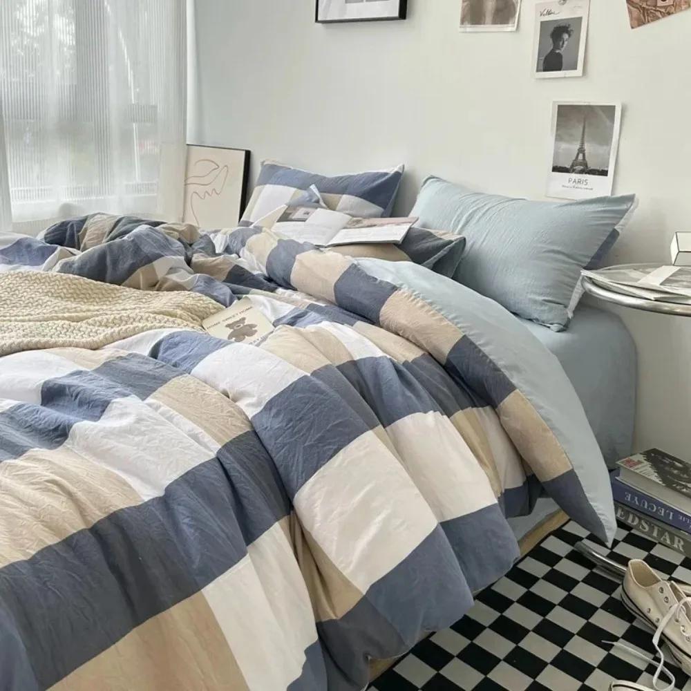 3/4PCS Striped Plaid Duvet Cover Set with Sheet 2Pillowcases Soft Skin Friendly No Filling Warm Twin Full Queen Size Bedding Set