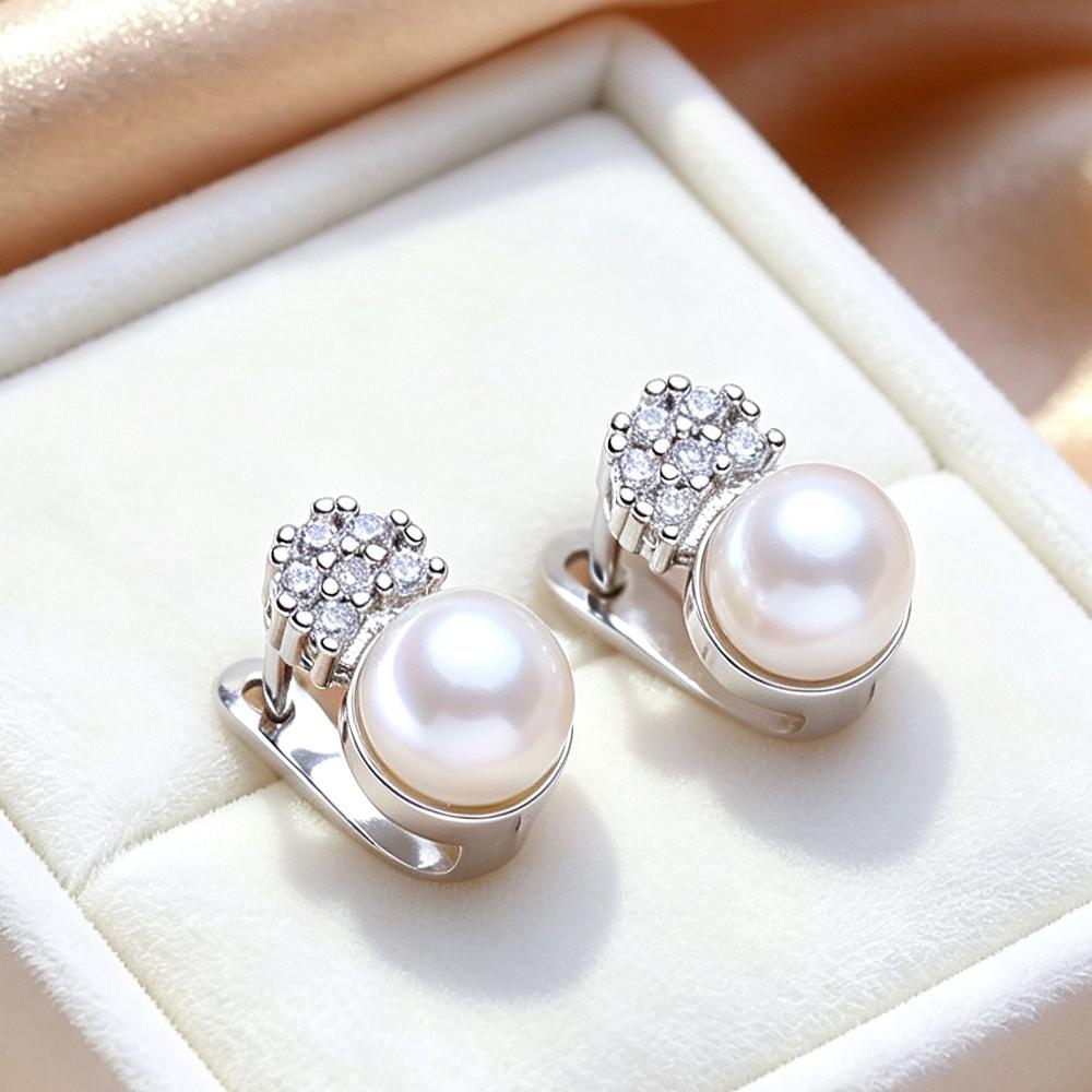 FENASY Natural Freshwater Pearl Earrings Silver Color Fashion Cubic Zirconia Clip Earrings for Women Birthday Gifts