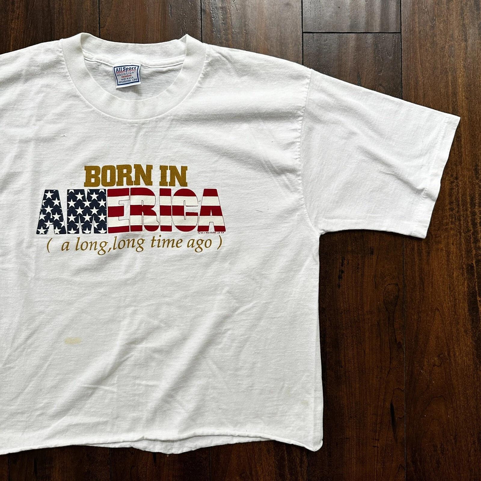 

Vintage Born In America A Long Time Ago T Shirt 90s Crop Top USA Funny Humor M