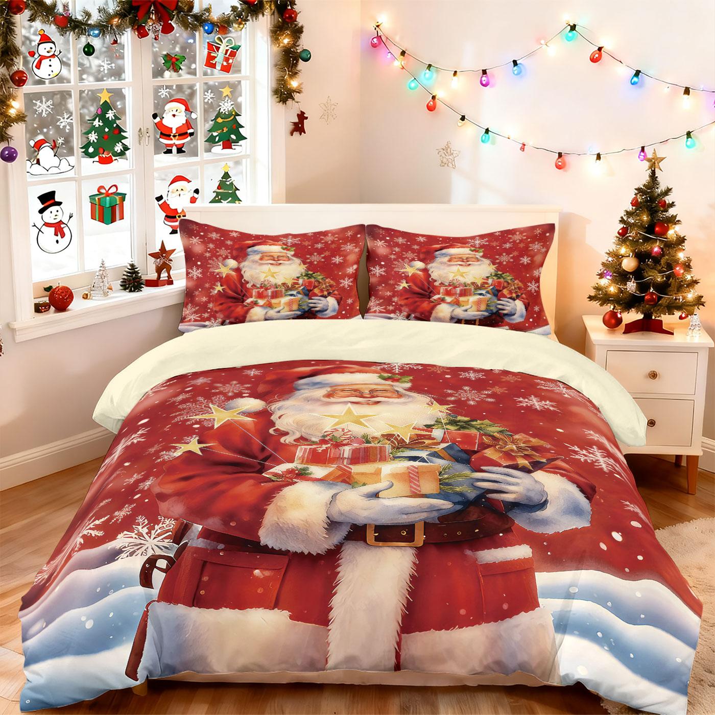 

Набор пододеяльников без наполнителя с принтом подарка Санта-Клауса, многоразмерное постельное белье для спальни, праздничное украшение, машинная стирка 135x200cm-EU-Single&set