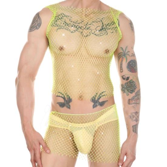 Men Sexy Night Club Vest Square Collar Sleeveless Fishnet Vest Slim Fit Hollow Perspective Mesh Tops Shiny