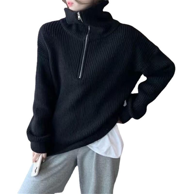New Autumn and Winter Korean-style Laid-back Style Zipper Large Lapel Solid Color Sweater Women's Loose Pullover Knitted Sweater Coat