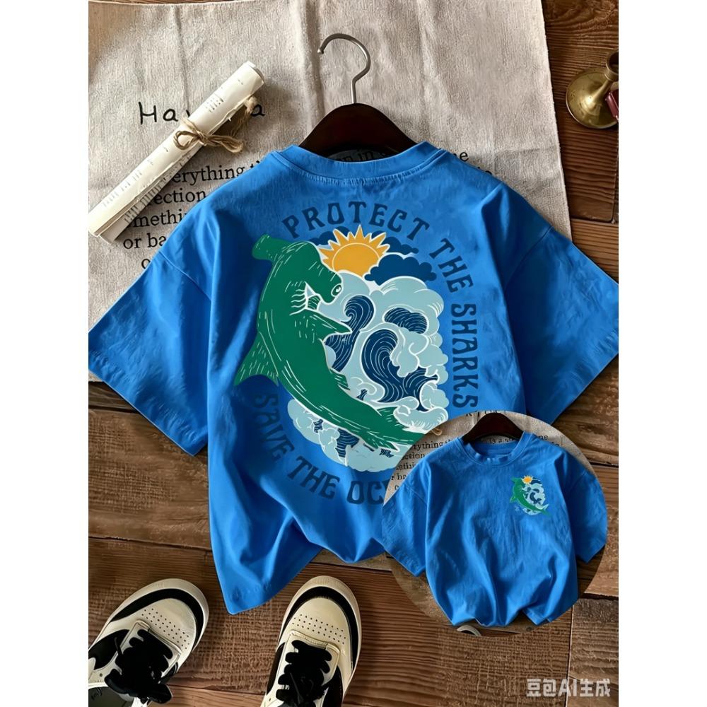 New Arrival Cotton Hammerhead Shark Graphic Short Sleeve Daily Casual Unisex Kids Adults Loose Beach Top