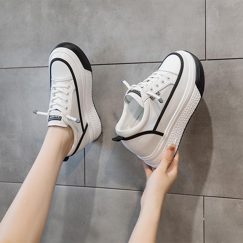 Leather little white shoes women's 2025 new mesh breathable thick baseplate shoes muffin sports shoes inner height increase casual women's shoes