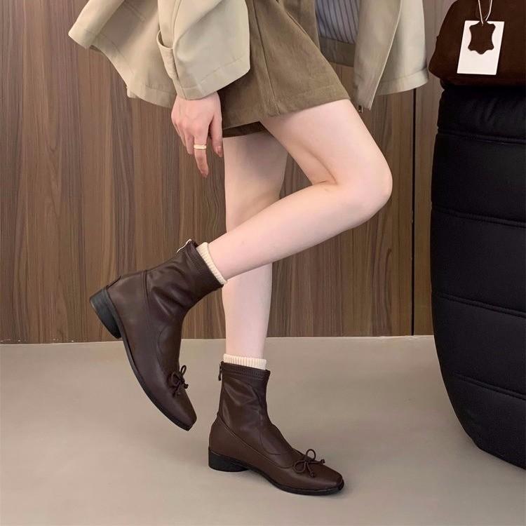 Fashion Women's Fashio slim short boots back zip closure elegant lady shoes squre toe with bow knot Modern Ladies Short Boots Shoes