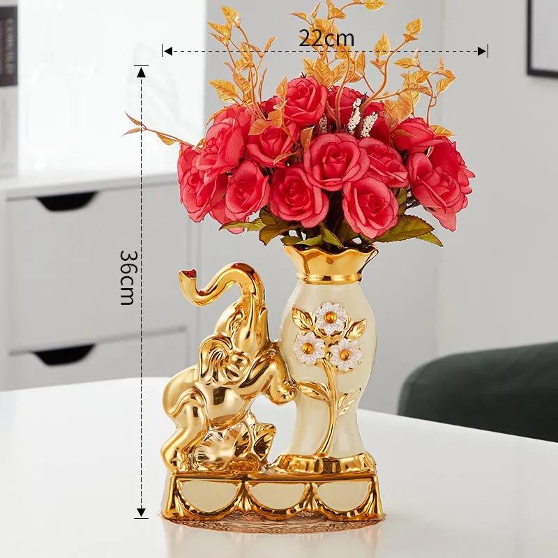 Keramik-Elefantenvase im europäischen Stil – Dekorative Figur mit künstlichen Blumen für Zuhause oder Tischplatte