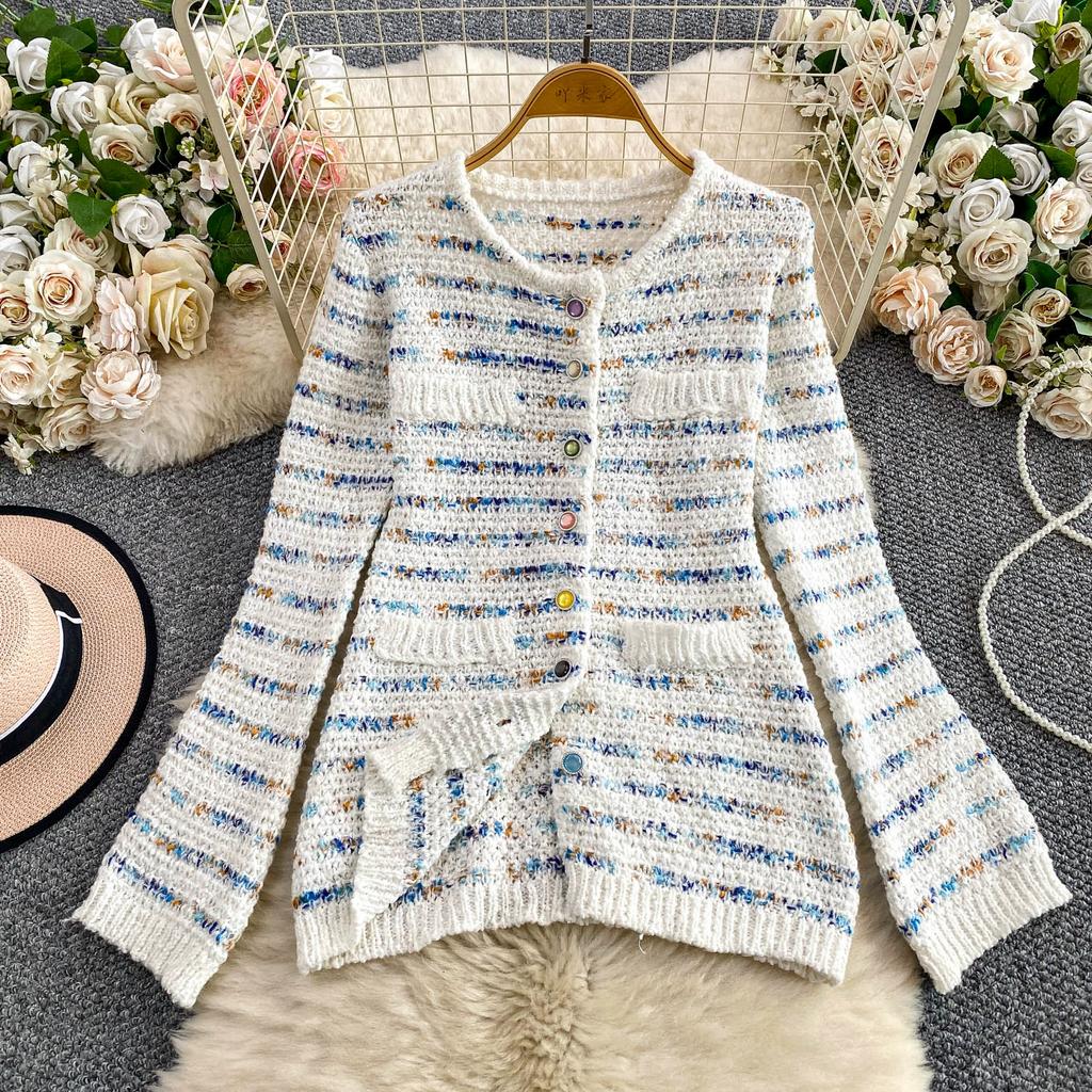 Autumn Winter Women Sweet Striped Knitted Sweater Two Piece Set Single Breasted Cardigans Tops and Mini Short Sheath Skirt Suit