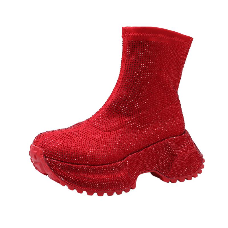 Full Drill Cover Foot Single Shoes Autumn New Round Toe Platform Sole Non-slip Wear-resistant Block Heel Boots