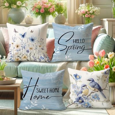 Housse de coussin bleue à fleurs et oiseaux sur le thème du printemps, Beau style frais et élégant, housse de coussin de canapé, décoration de pièce