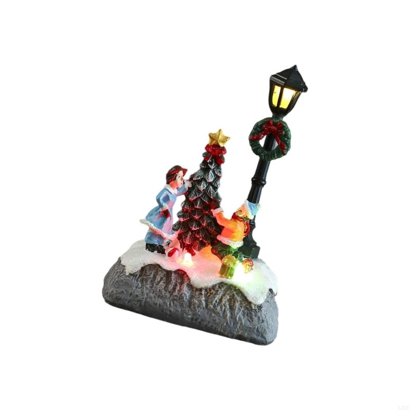 Leuchtende Weihnachts-Harzfigur Dekoration Miniatur-Weihnachtsstraßenlaterne Harzstatue Ornament Für Innen und Außen X3UC