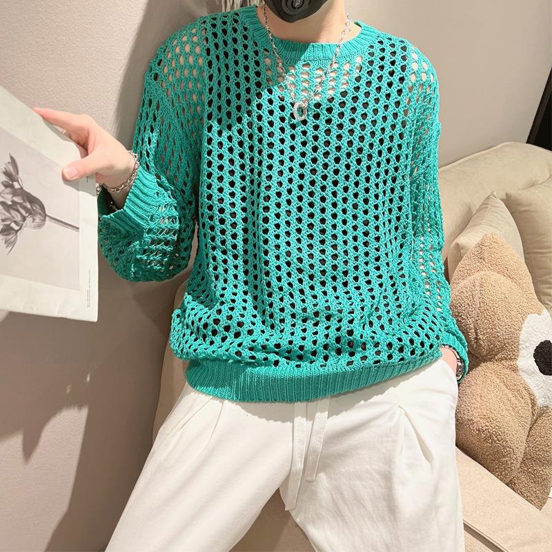 Men's Summer Knitwear: Trendy Long Sleeve Fishnet Cardigan for Sun Protection