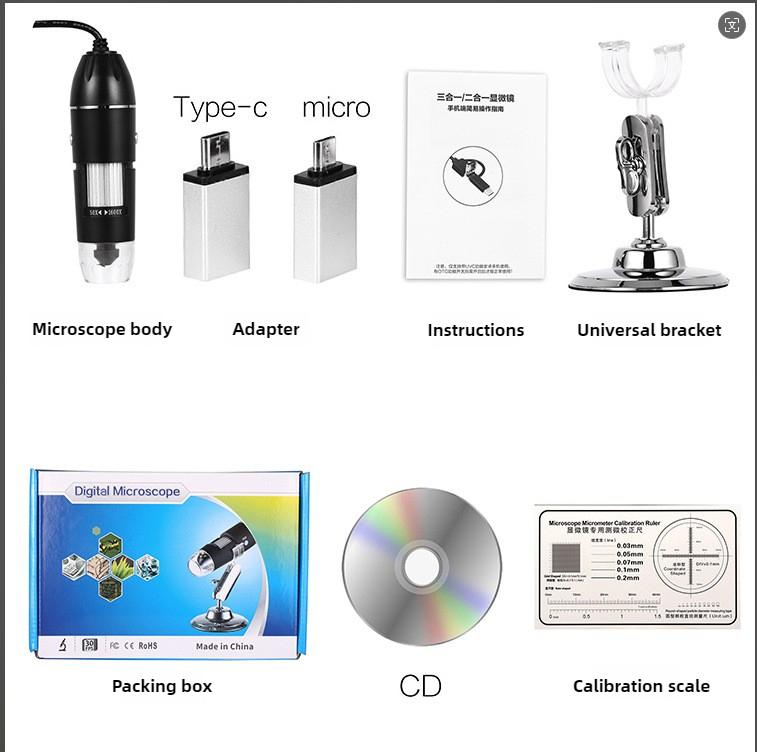 1600x Digital Microscope, High-definition Microscope,Skin detector, can be connected to a computer to measure Android phones