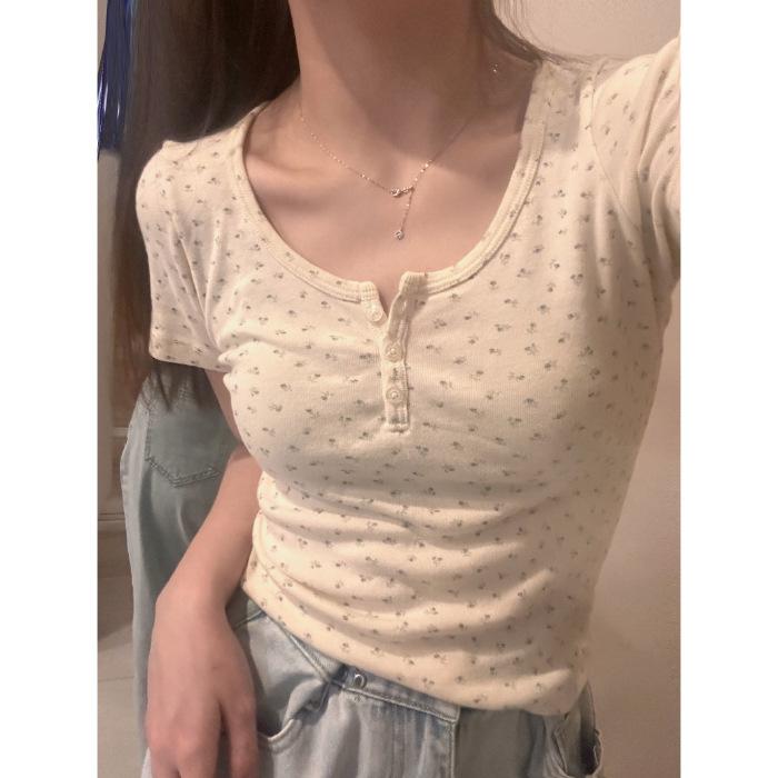 Summer new U-neck floral short-sleeved front-shoulder short top for women, slim backing, small fresh and thin T-shirt for women
