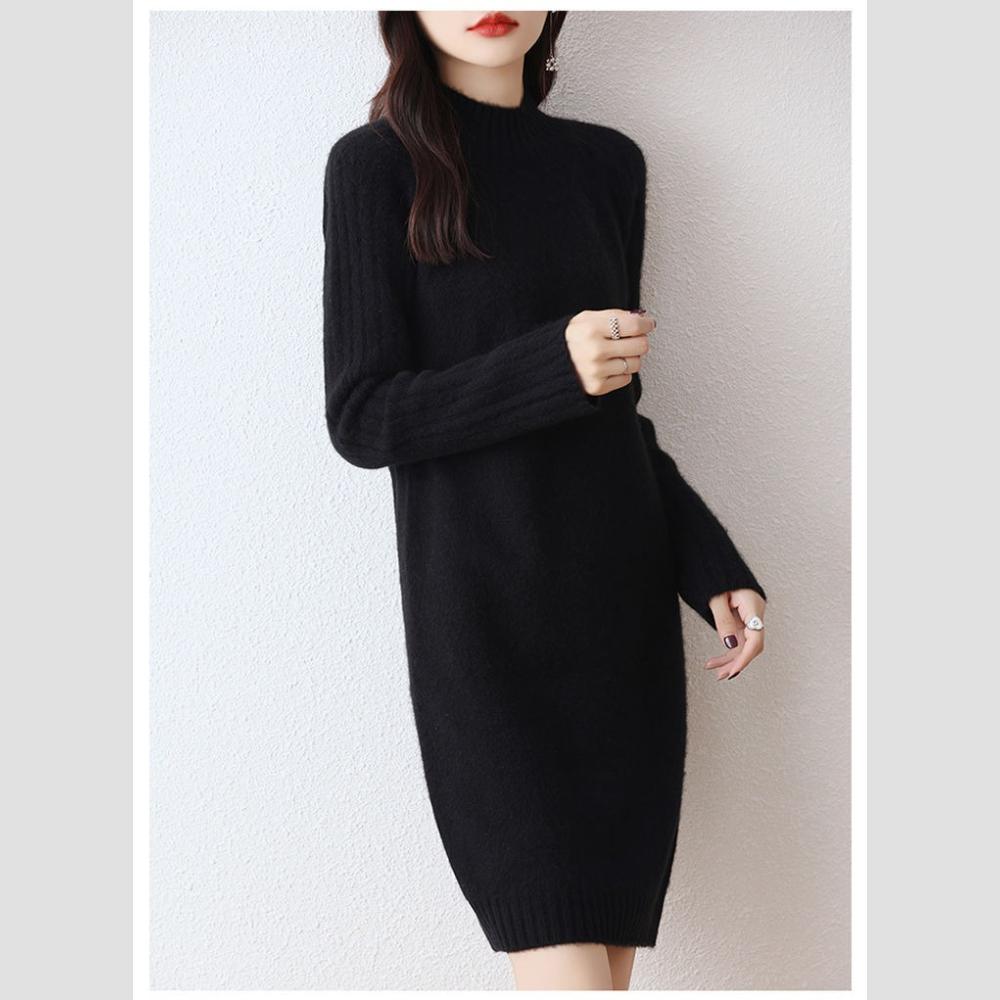 

Mid-length Knitted Sweater Women s Autumn and Winter Solid-color Casual Half Turtleneck Sweater Dress Women s Loose Long-sleeved Pullover S чорний