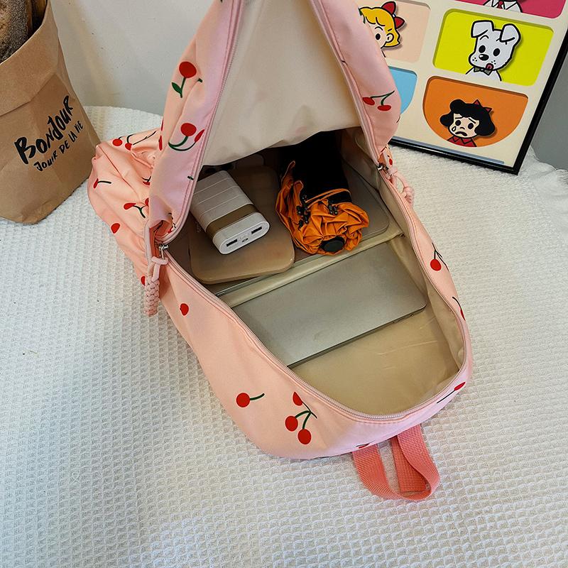 Three-Piece All-Match School Bag Large Capacity Laptop Backpack Cherry Printed Kawaii Nylon Backpack School Outdoor Backpack