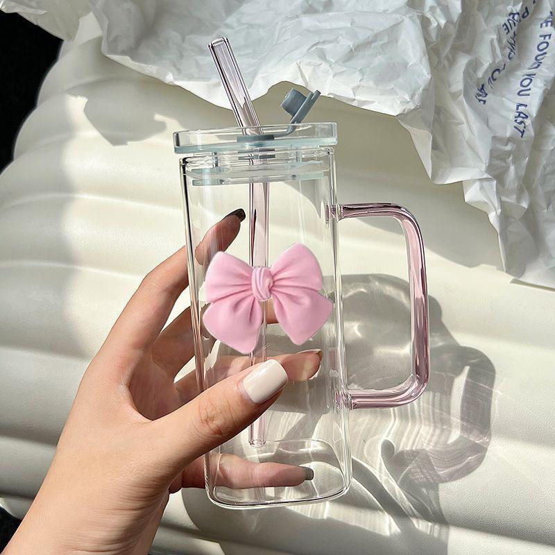 350ML Square Mug with Lids and Straws with Bow Water Cup Transparent Cup Milk Coffee Cups Glass Mug High Temperature Drinkware