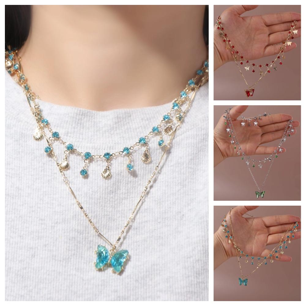Rhinestone Clavicle Chain Tassel Shiny Choker Elegant Butterfly Necklace Party