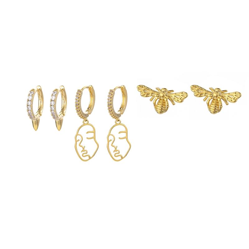 ANENJERY Hohler Gesicht Anhänger Creolen Nieten Biene Golden 6 Stück/Set Ohrringsets