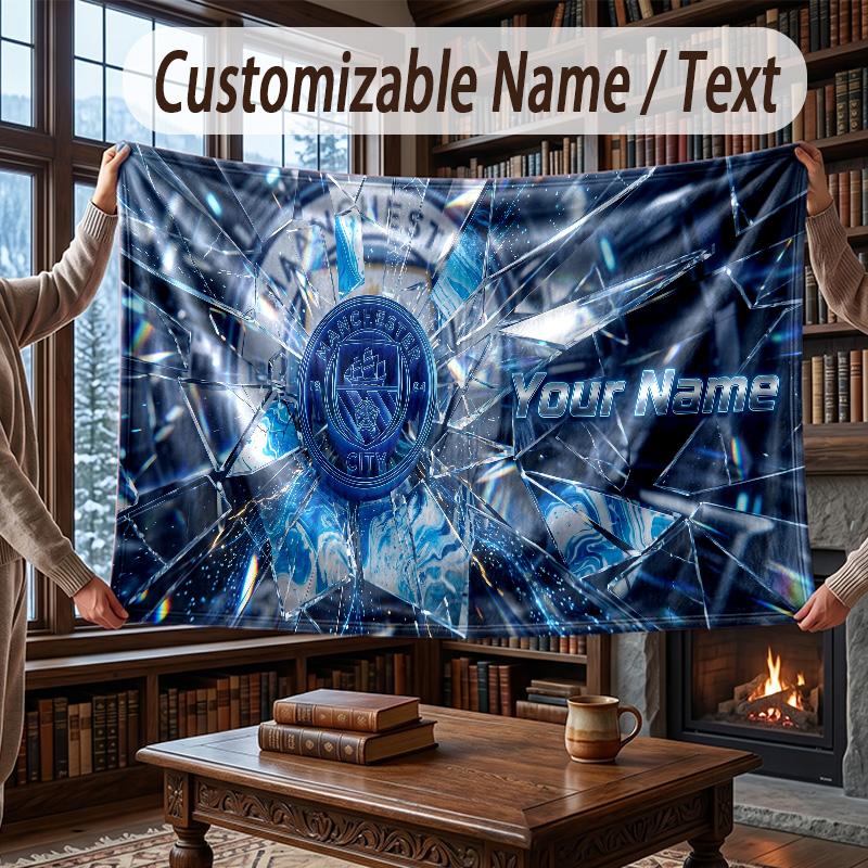 Custom Name Flannel Throw Blanket Manchester City Pattern Warm Home Decoration
