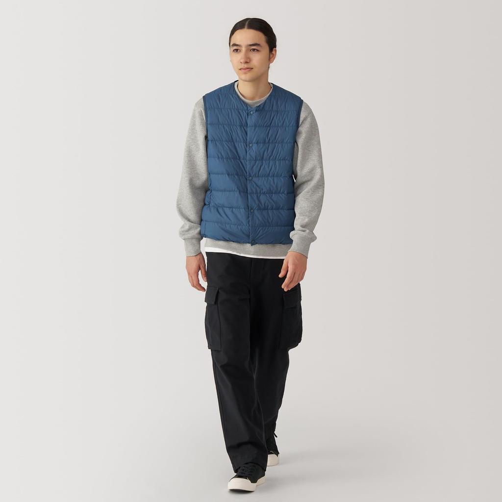 MUJI Lightweight Down Collarless Vest AD0U7A4A Smoky Size L Men's (Anti-Static Lining) Blue,