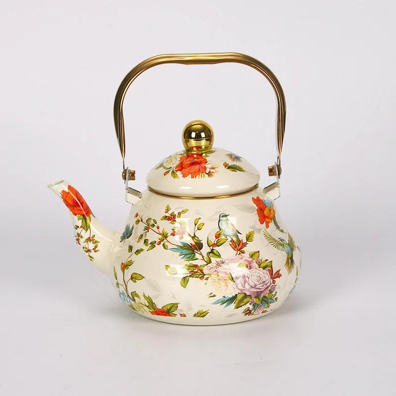 Emaille-Teekanne im chinesischen Stil 2,5L/1,5L, Anti-Verbrühungsgriff, Gasherd-Kessel, birnenförmige florale Emaille-Kaffeekanne