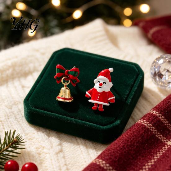 Oil Dripping Jewelry 1 Pair Christmas Earrings for Women, Santa Claus Jingle Bell Bow Fun Gift Her Stud Earrings, Holiday Accessories Xmas Party,