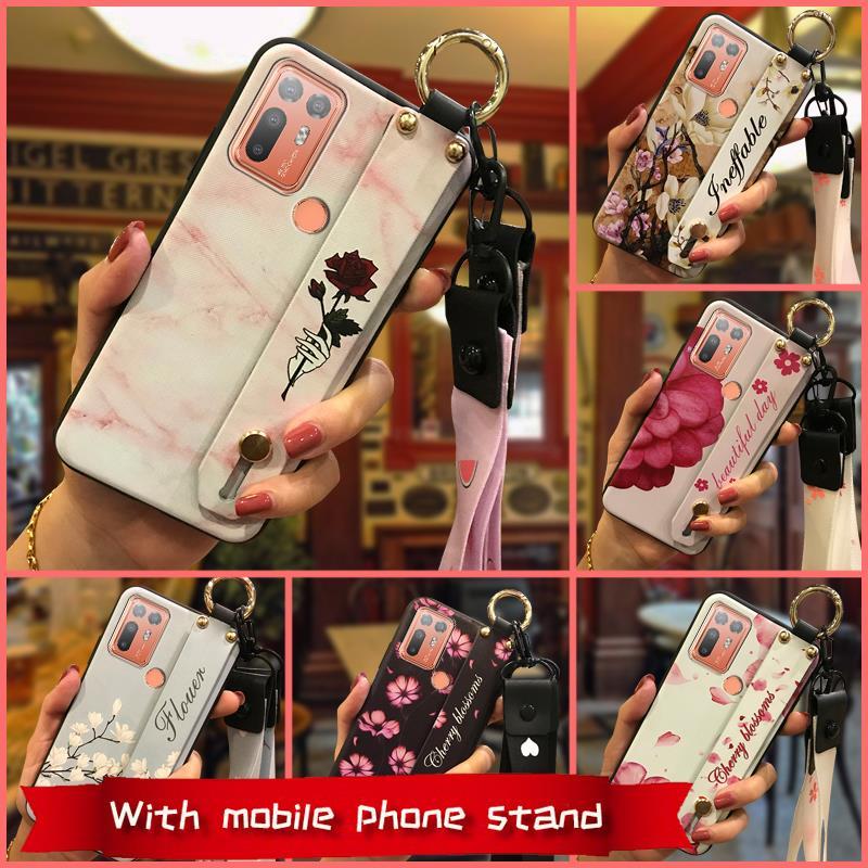 Durable Wristband Phone Case For HTC Desire 20 Plus/D20+ Lanyard Back Cover Shockproof Flower Soft case Fashion Design