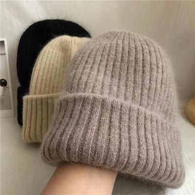 Warm Rabbit Fur Knitted Hat for Women Double Layer Thickened Woolen Hat Casual Ear Protection Hat Soft Waxy Toe Cap  Casual Cold Hat  Trendy