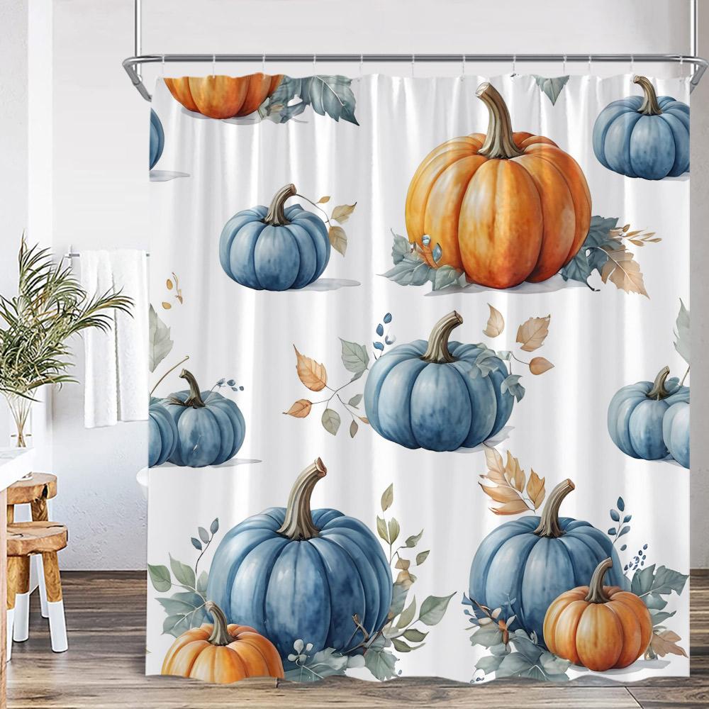 Autumn Pumpkin Shower Curtain Harvest Season Maple Leaf Scarecrow Flower Wooden Plank Barn Farmhouse Bath Decoration With Hook