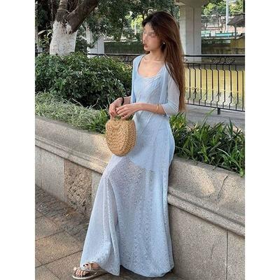 French Blue Square Neck Suspender Dress Women's Summer Seaside Vacation Temperament Advanced Sense Waist Thin Fluffy Dress