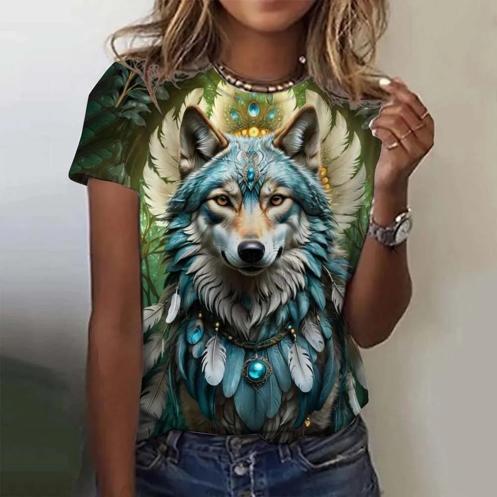 3D printed animal T-shirt women's fun wolf pattern T-shirt summer new Harajuku T-shirt top loose short sleeved clothes