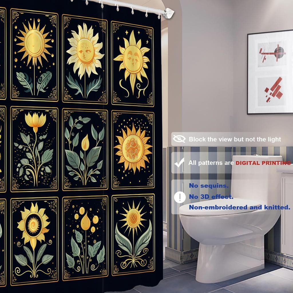 Golden Sunflower Tarot Card Style Shower Curtain Black Background Boho Art 72X72 Inches
